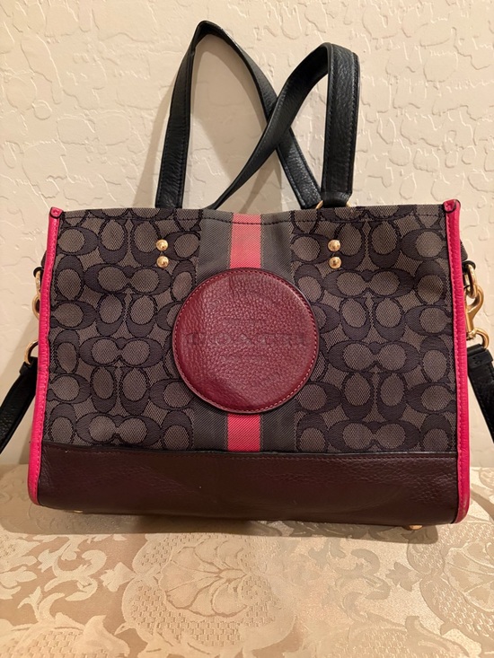 Coach Handbags - Coach Brown Signature Tote with Pink Trim and Burgundy Patch